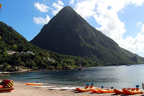 Sugar Beach framed by a Piton in Saint Lucia